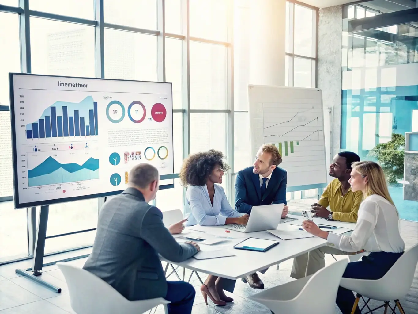 A group of diverse professionals engaged in a collaborative workshop, brainstorming around a table.