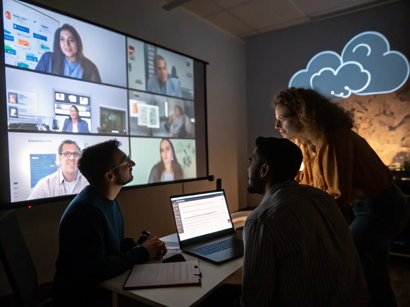 A diverse group of professionals participating in a leadership training session, with a focus on digital collaboration tools and remote team management strategies.