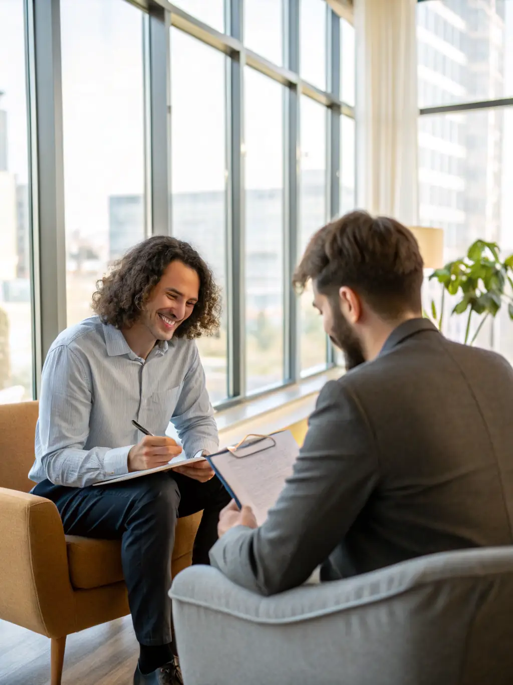 A British leader receiving positive feedback from their team during a performance review, showcasing improved leadership skills and employee engagement.