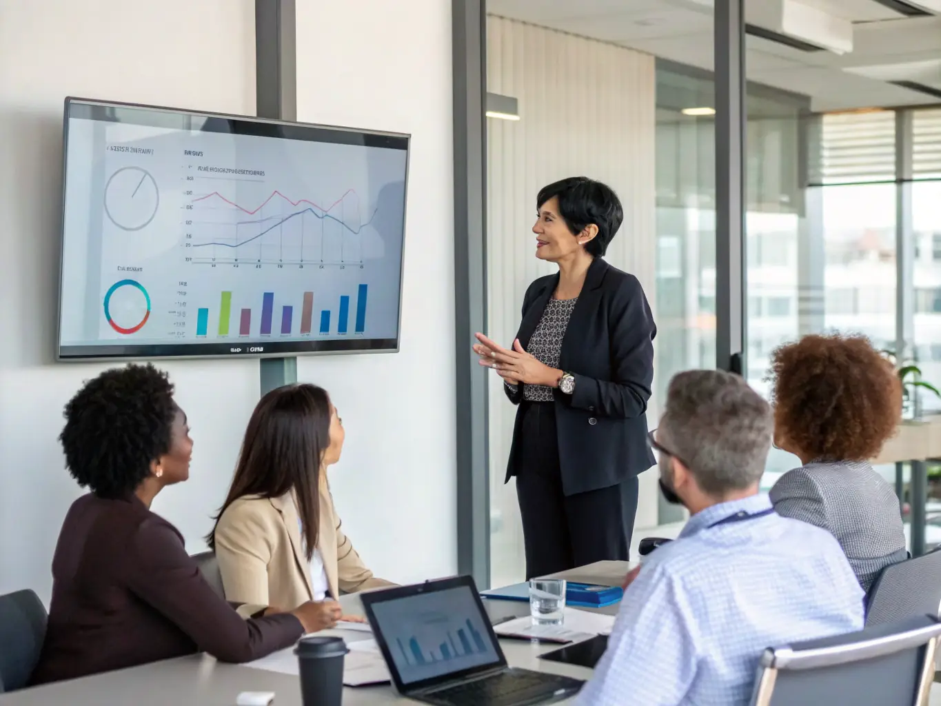 A professional photograph of Jane Smith, Lead Business Coach at leadbritain.fun, leading a workshop session with a diverse group of UK business professionals in a modern office setting. The image should convey expertise, engagement, and a collaborative atmosphere.