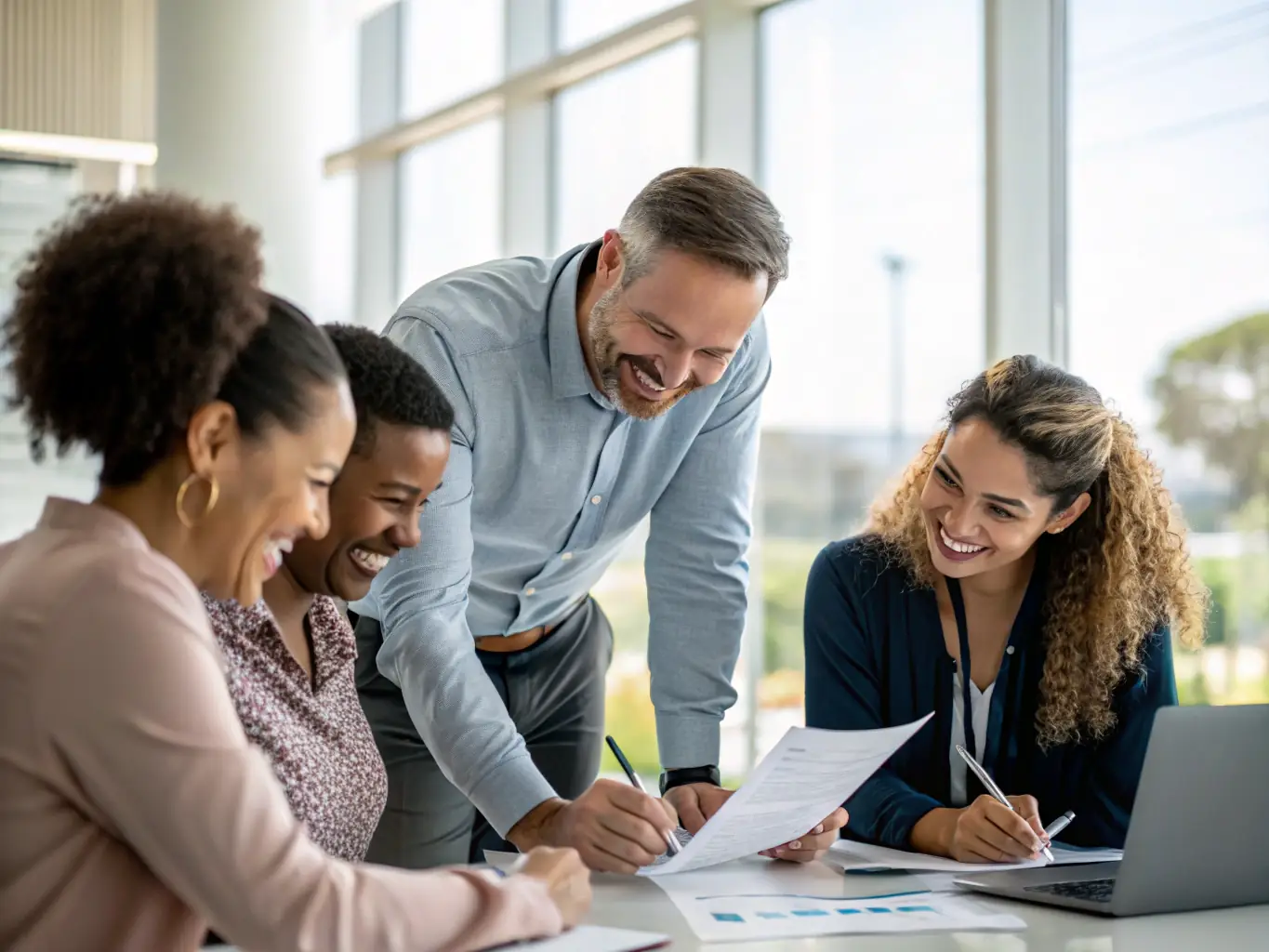 A dynamic image of Michael Johnson, Senior Coach at leadbritain.fun, facilitating a team-building exercise outdoors with a group of UK managers. The scene should depict collaboration, problem-solving, and a positive team spirit.
