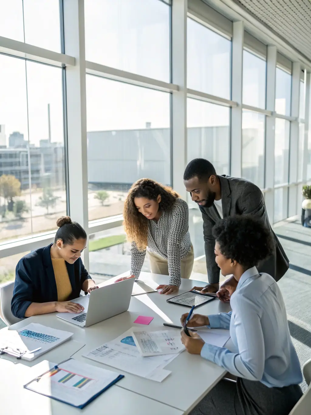 A diverse team in a UK office setting, participating in a team-building exercise, demonstrating improved communication and collaboration.