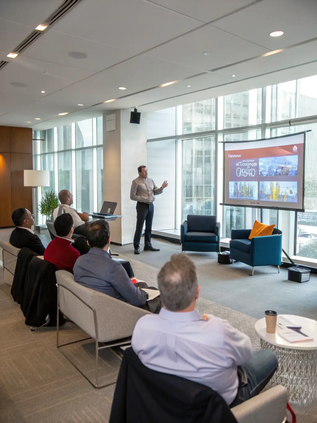 A British entrepreneur confidently presenting a business plan to investors, demonstrating strong leadership and strategic vision.