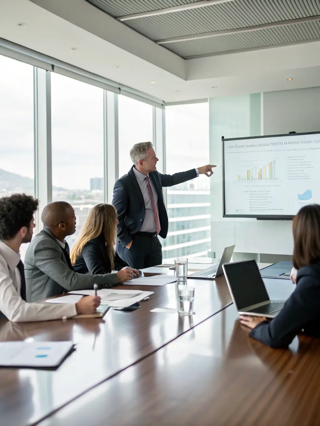 A professional British executive in a modern office, confidently leading a team meeting, fostering collaboration and innovation.